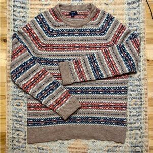 J. Crew Lambs Wool Blend Fair Isle Sweater Sz Medium Lightweight Knit Tan Brown